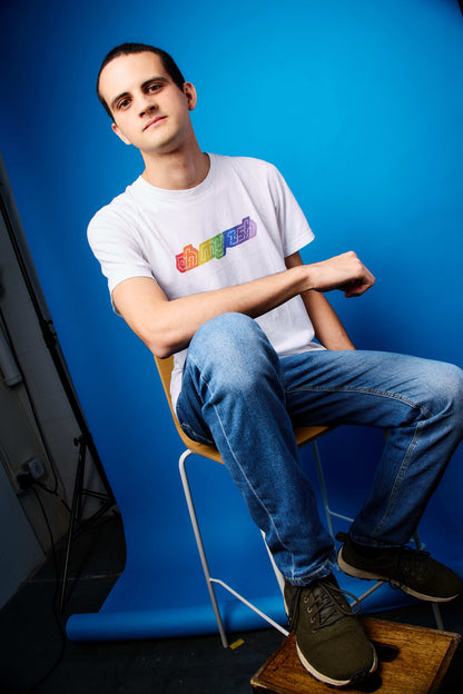 Oh My Zsh ASCII shirt (rainbow on white)