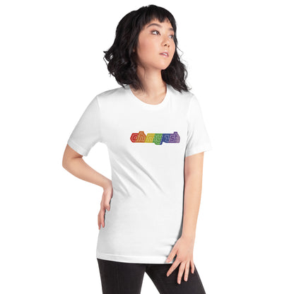 Oh My Zsh ASCII shirt (rainbow on white)